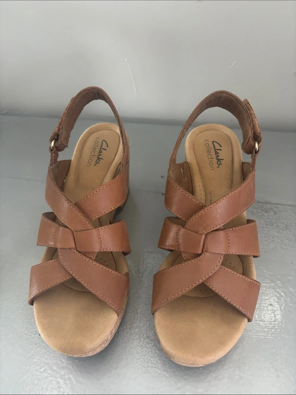 Clarks Tan Leather Crisscross Wedge Sandals